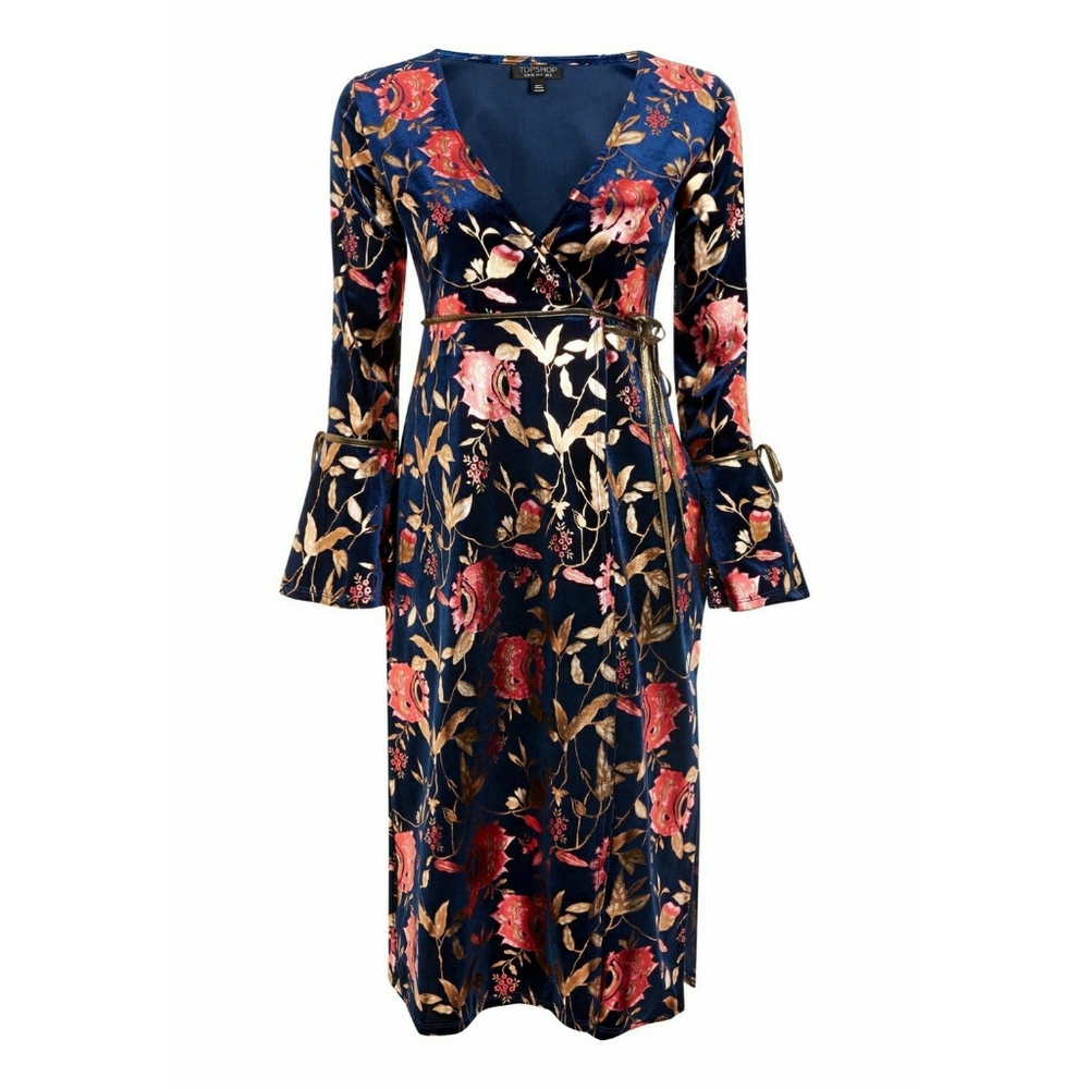 Topshop Foil Floral Plunge Wrap Dress Navy/Gold